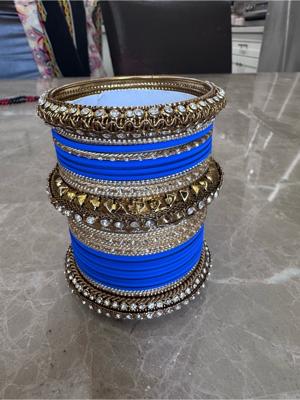 Royal Blue & Gold Rhinestone Indian Bangle Stack Set - Picture 2 of 3